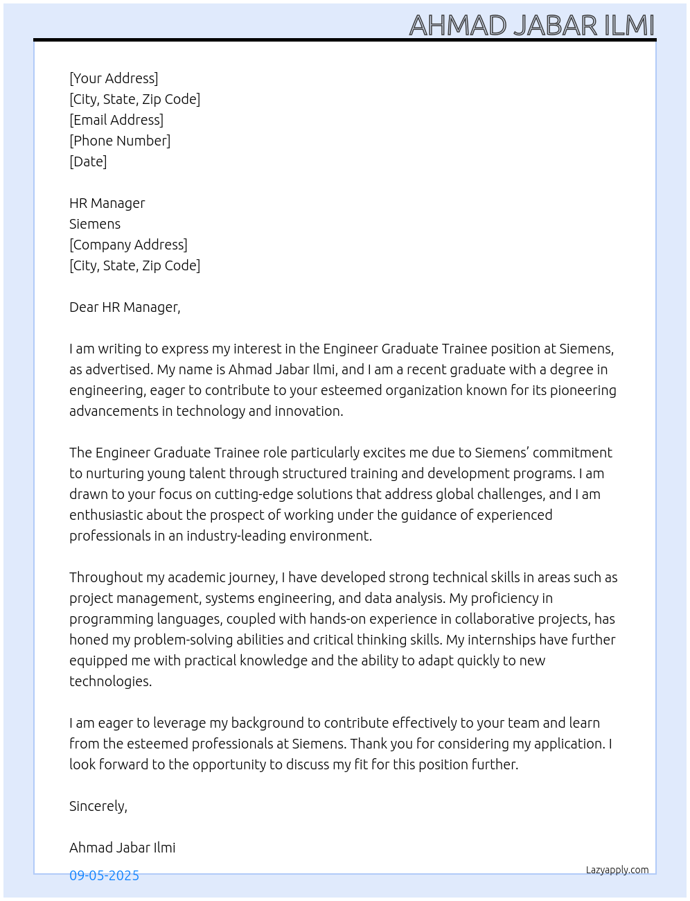 Engineer Graduate Trainee At Siemens Cover Letter