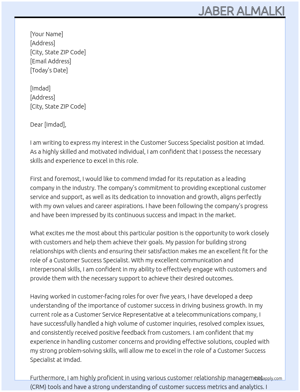 Customer Success Specialist At Imdad Cover Letter