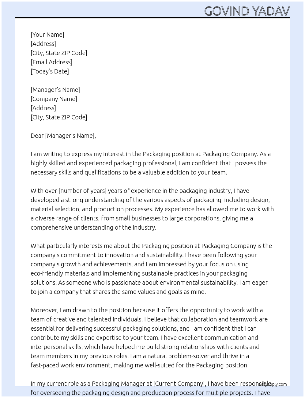 Packaging  At Packaging company  Cover Letter