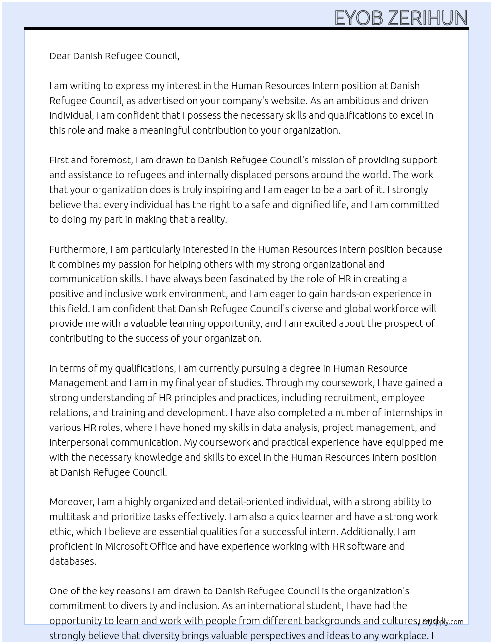 Human Resources Intern At Danish Refugee Council Cover Letter