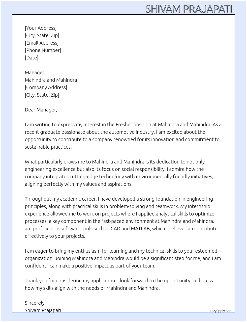 Fresher  At Mahindra and Mahindra  Cover Letter