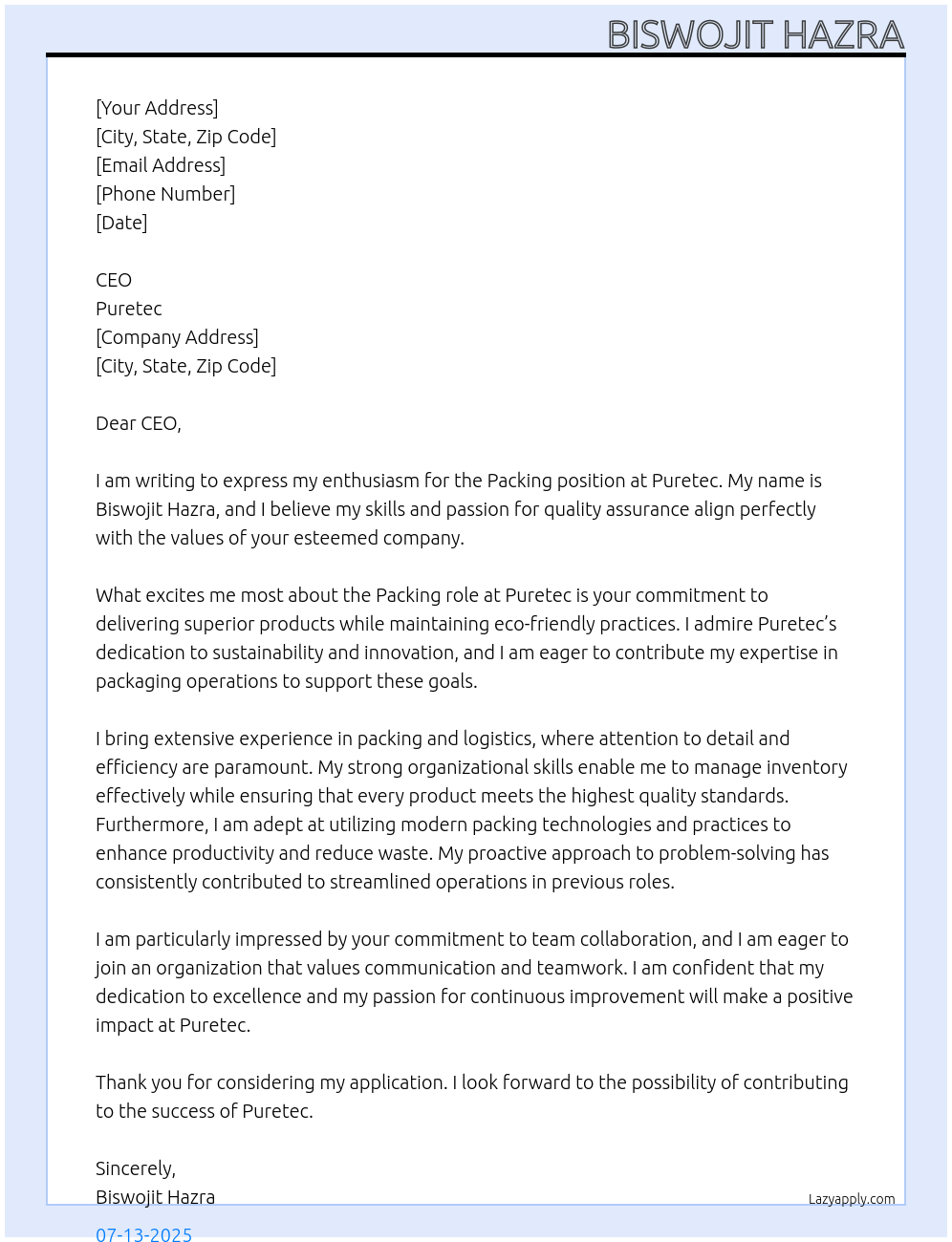 Cover letter for packing - LazyApply