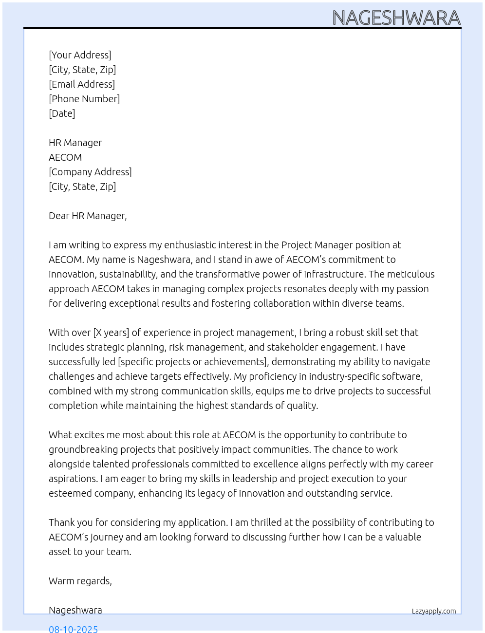 Project manager At AECOM Cover Letter