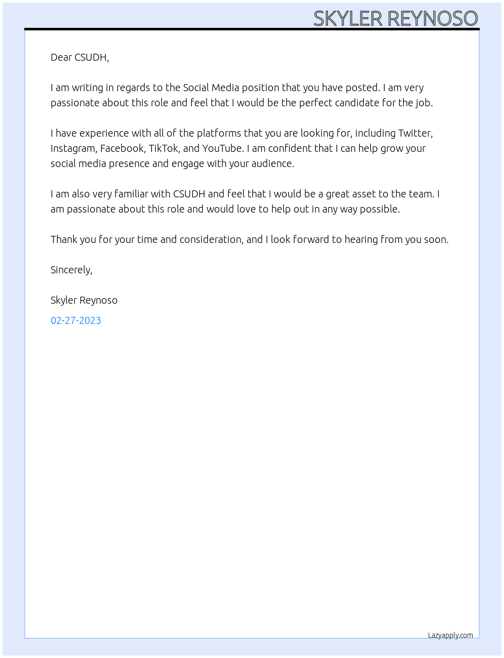 Social Media At California State University, Dominguez Hills Cover Letter