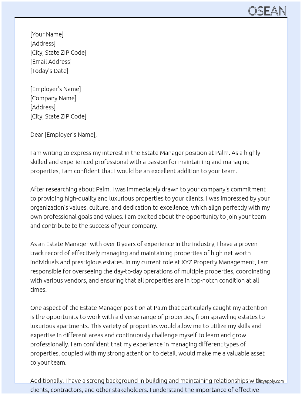 Estate manager At Palm Cover Letter