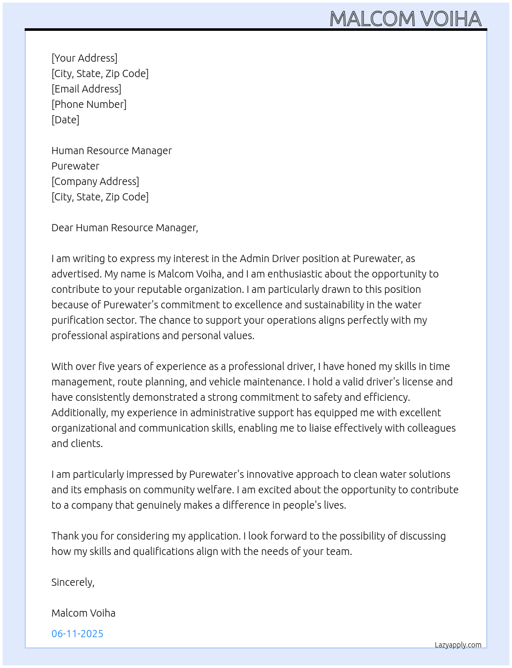 Admin driver  At Purewater Cover Letter