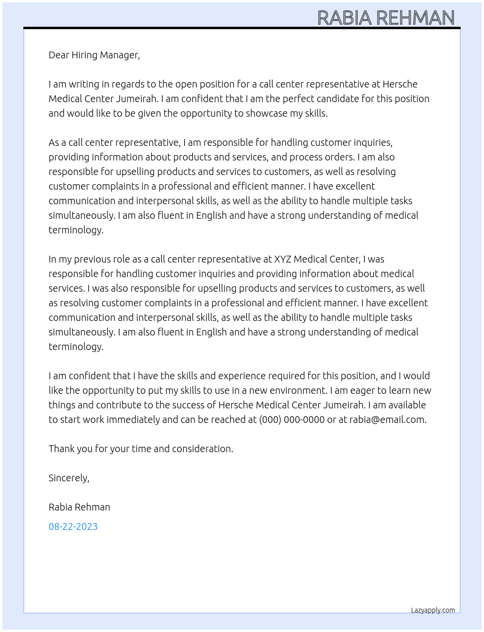 CALL CENTER At HERSCHE MEDICAL CENTER JUMEIRAH Cover Letter