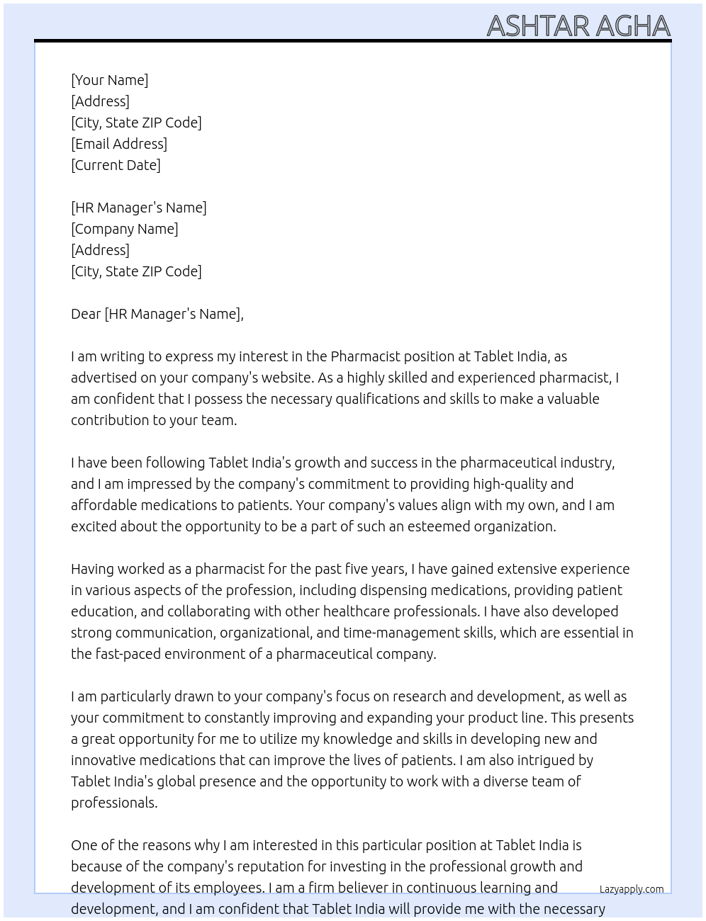 Pharmacist At Tablet india Cover Letter