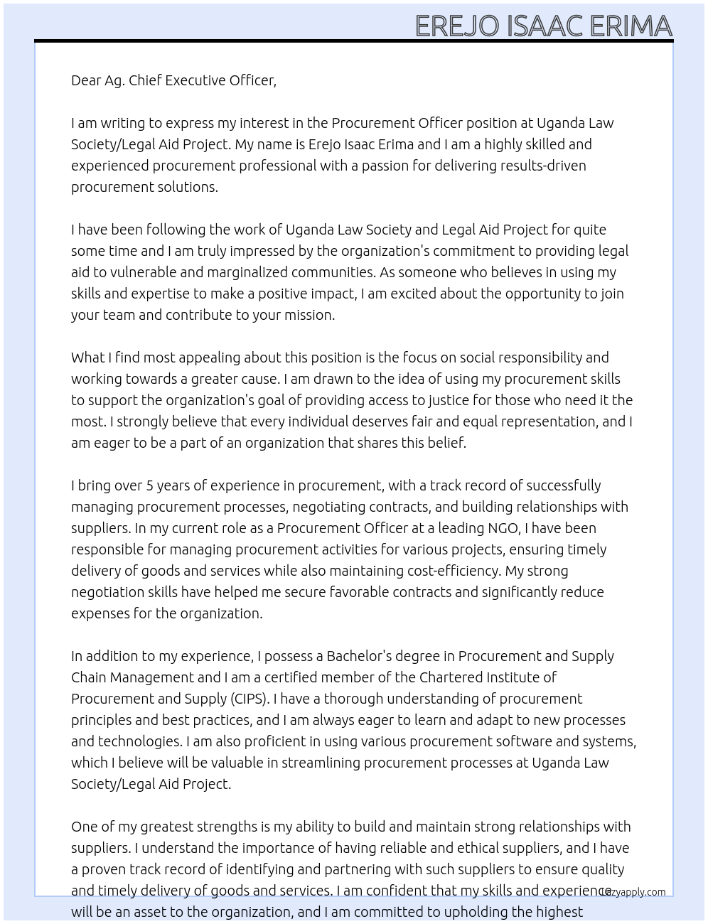 Procurement officer At Uganda law society / Legal Aid Project Cover Letter