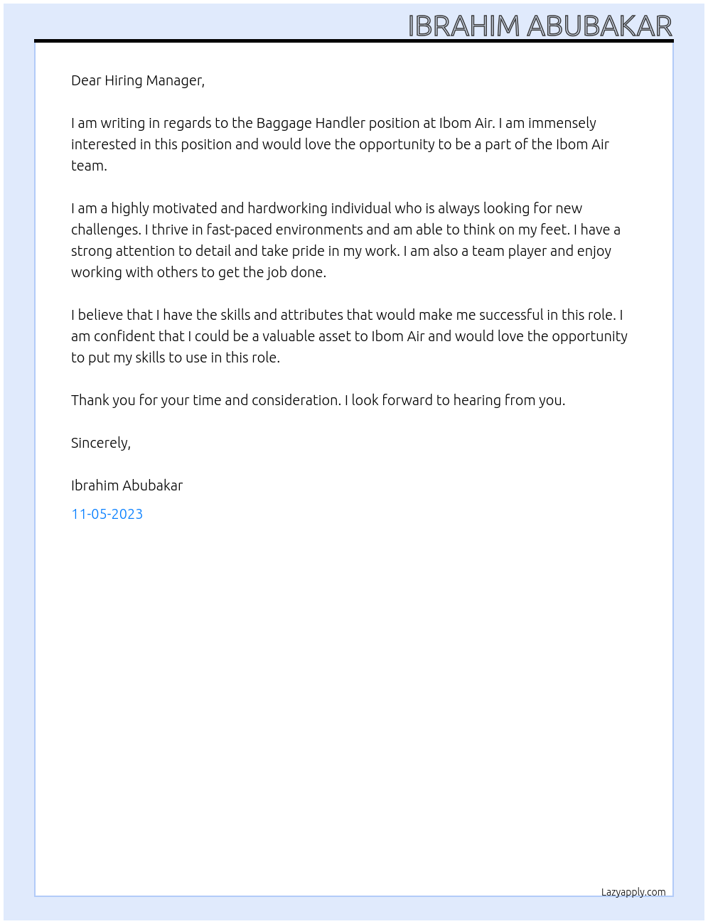 Baggage handler At Ibom Air Cover Letter