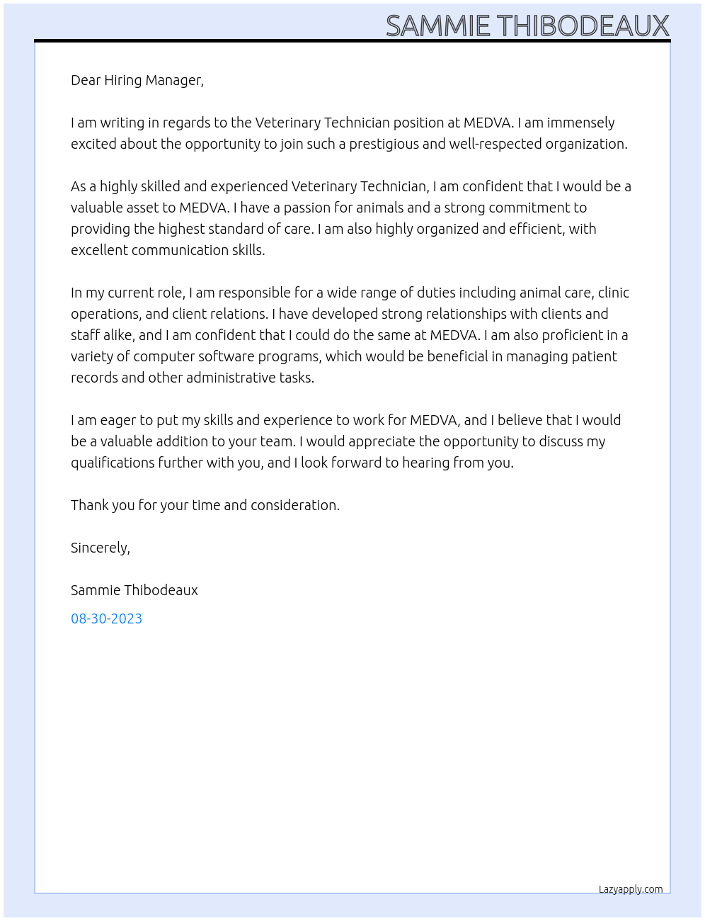 Veterinary Technician At MEDVA  Cover Letter