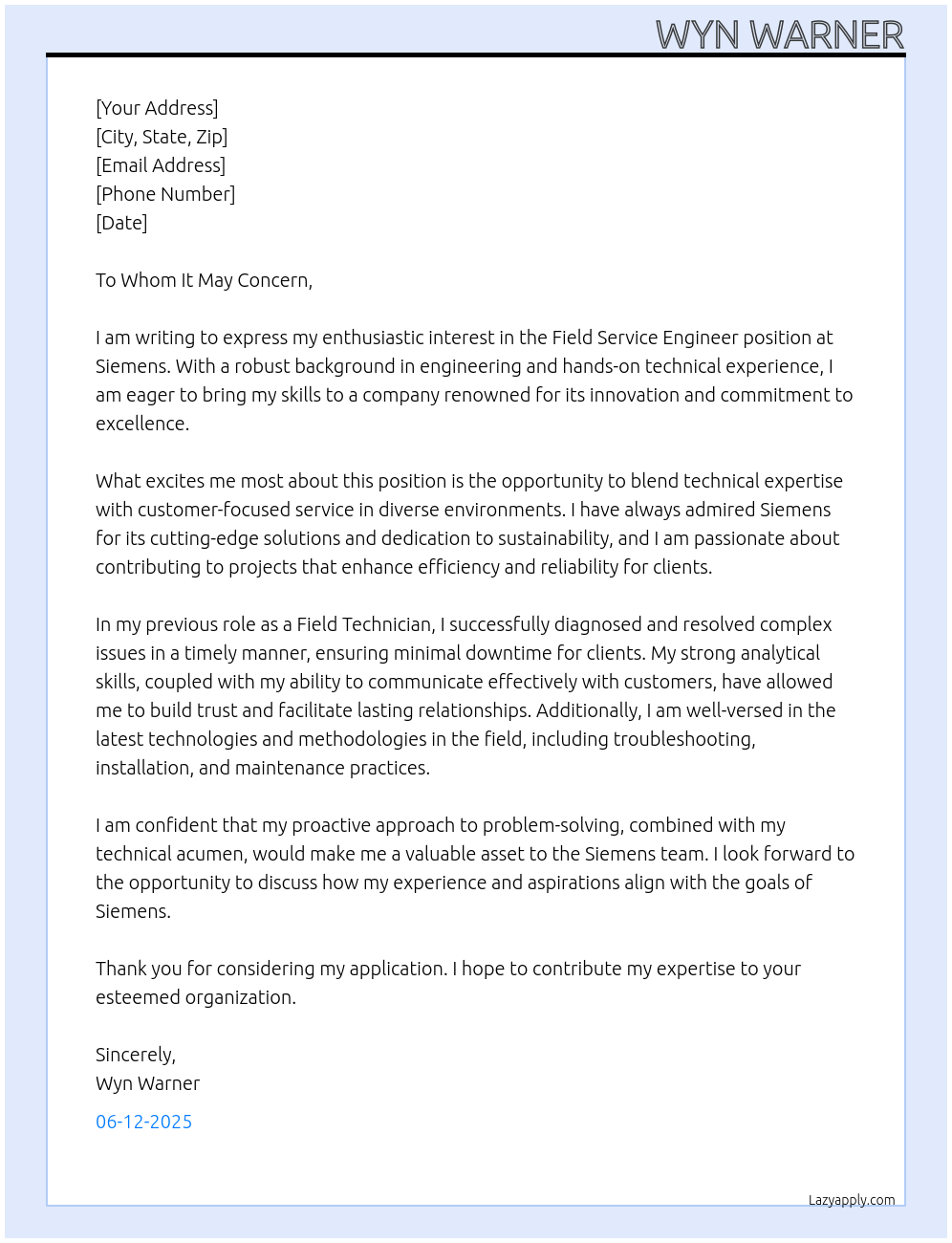 Field Service Engineer At Siemens Cover Letter