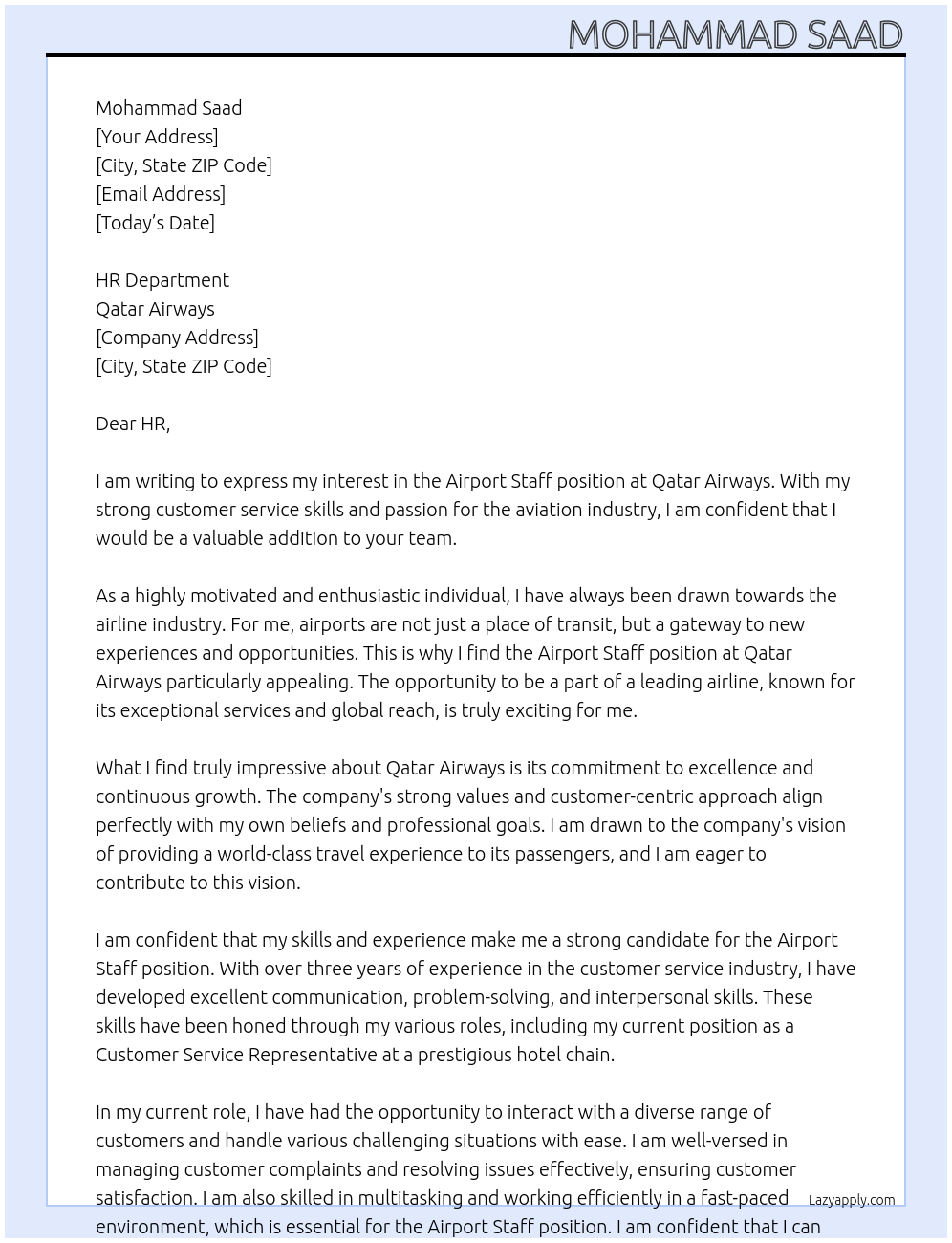 Airport Staff At Qatar Airways  Cover Letter