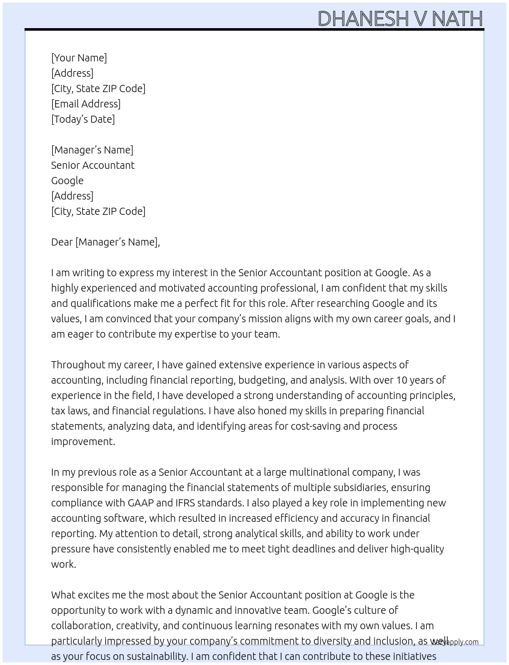 SENIOR ACCOUNTANT At GOOGLE Cover Letter