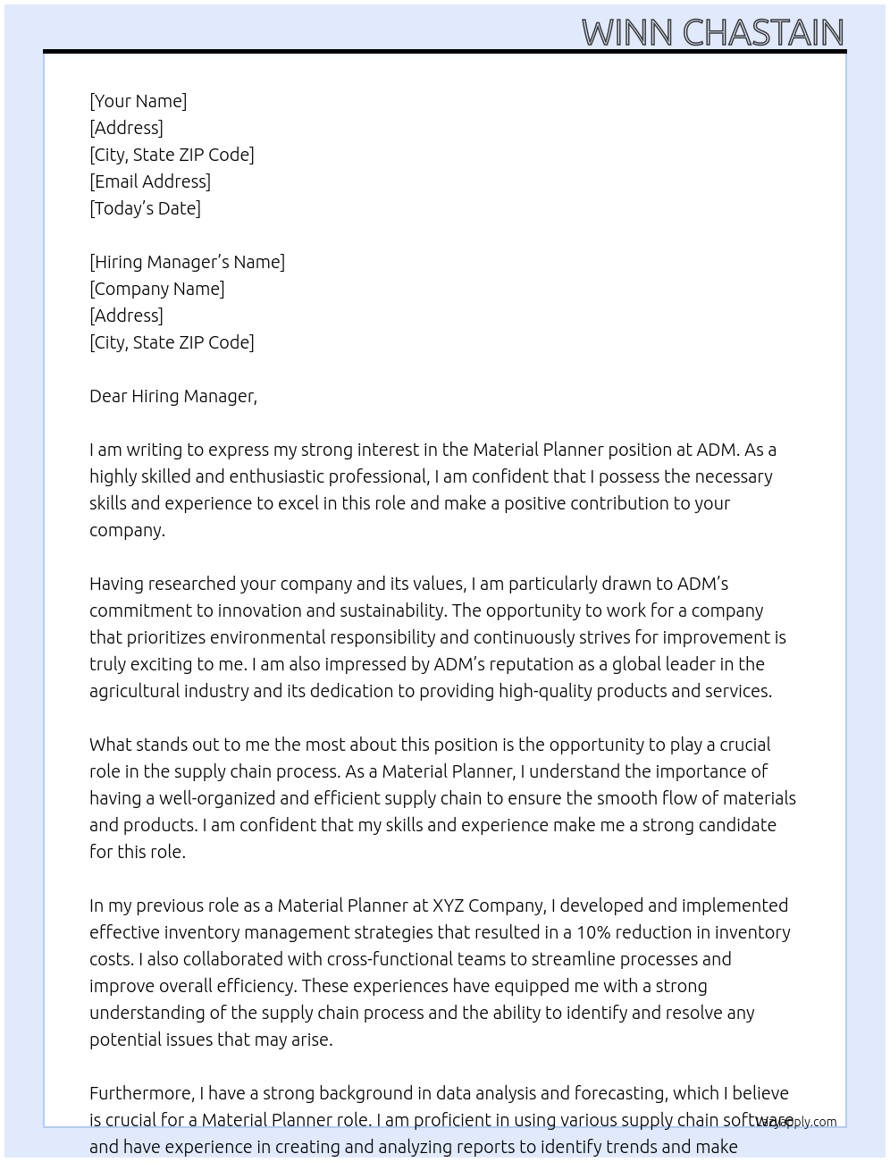 Material Planner At ADM Cover Letter