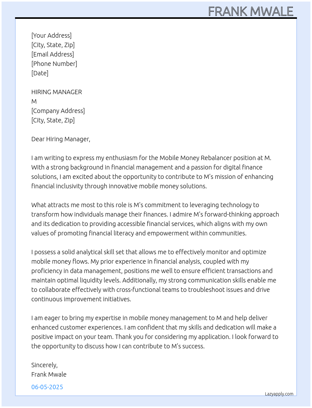 Mobile money rebalancer At M Cover Letter