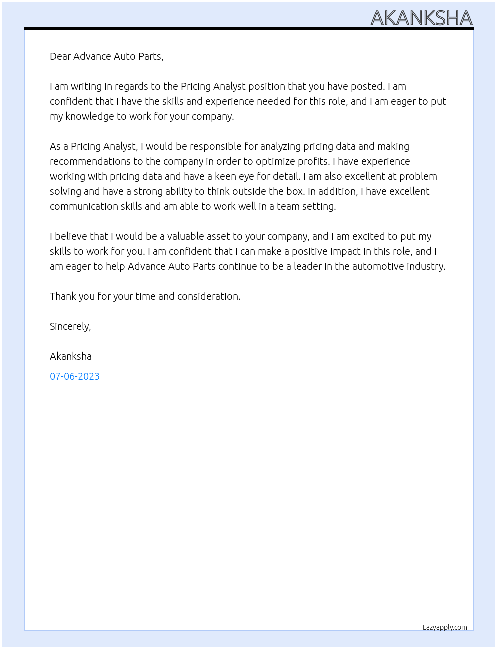 Pricing Analyst At Advance Auto Parts Cover Letter