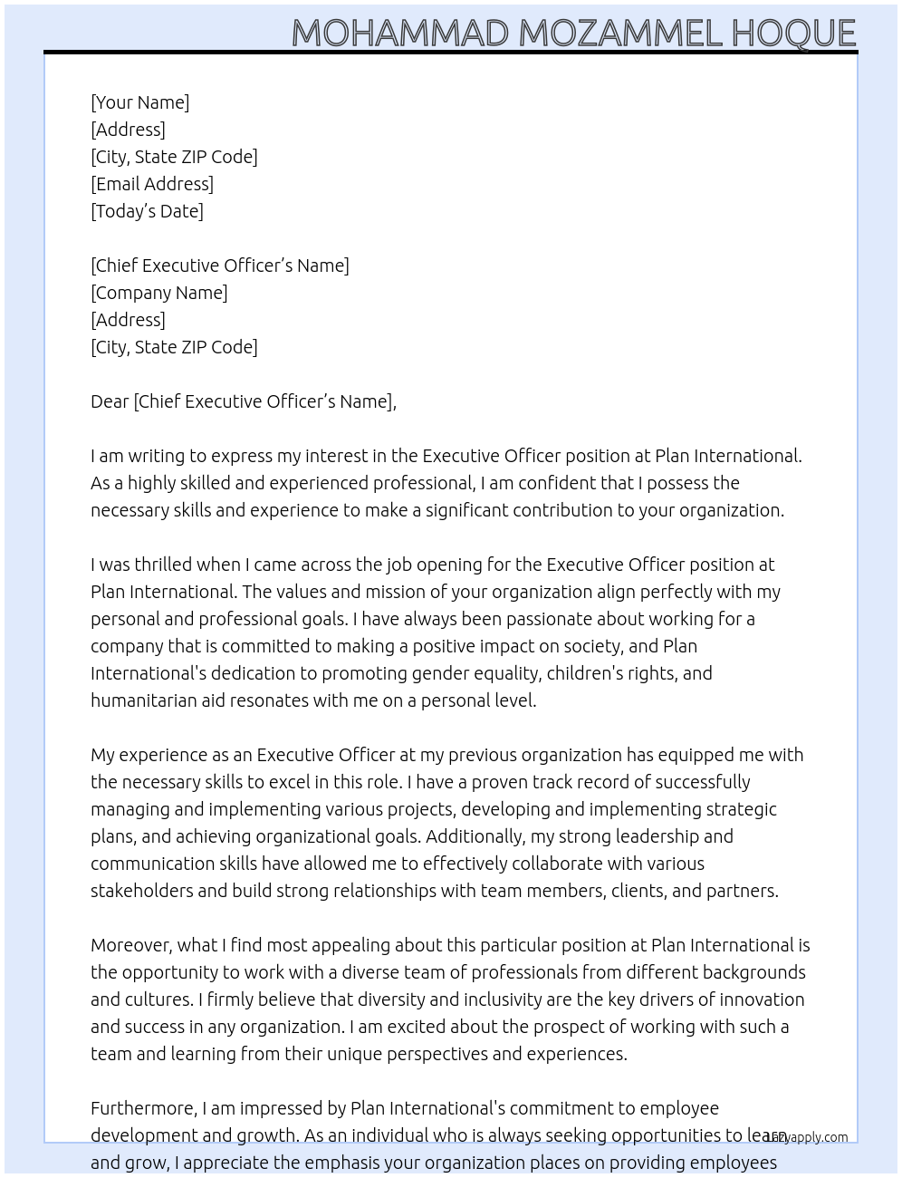 Executive Officer At Plan International Cover Letter