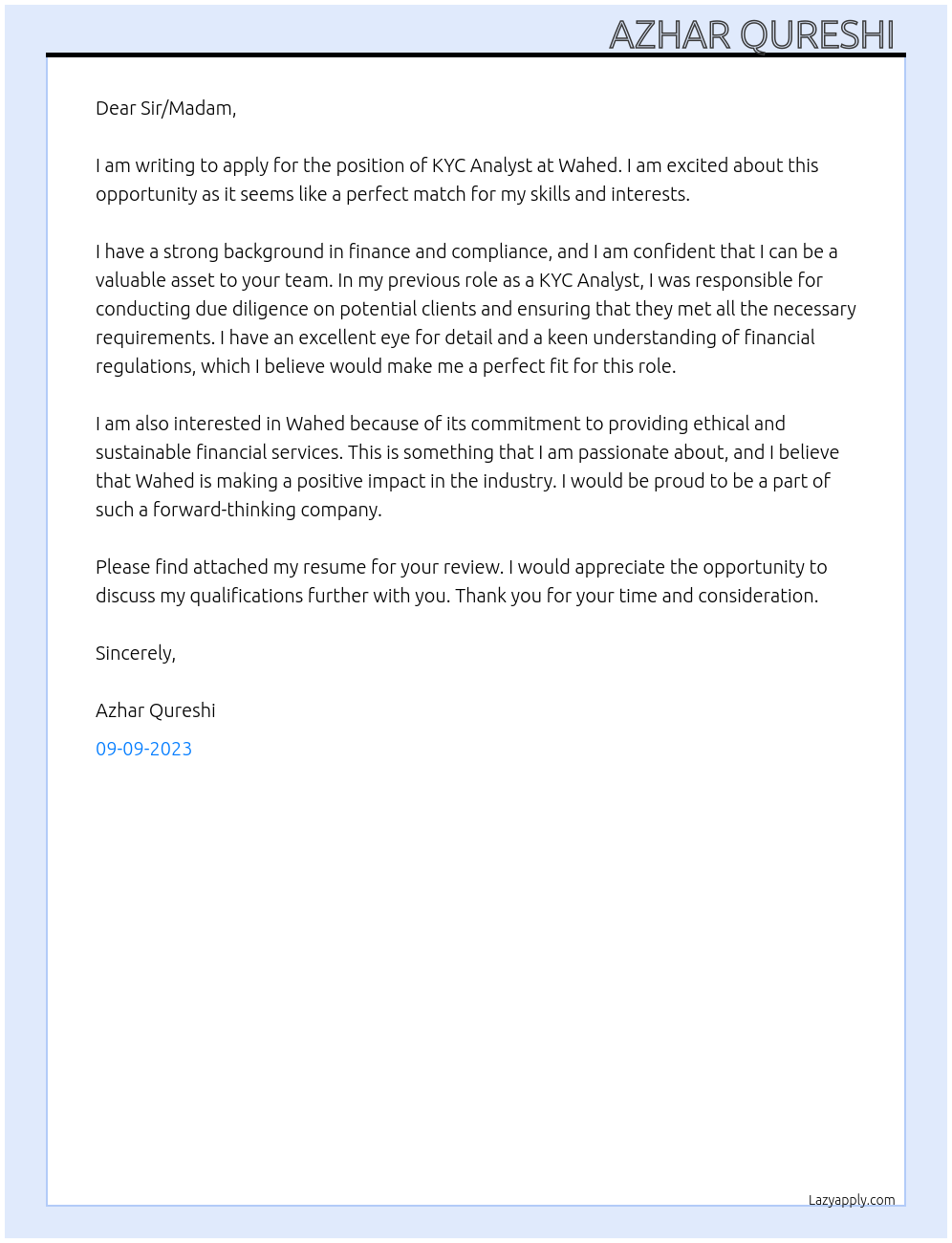 KYC Analyst  At Wahed  Cover Letter