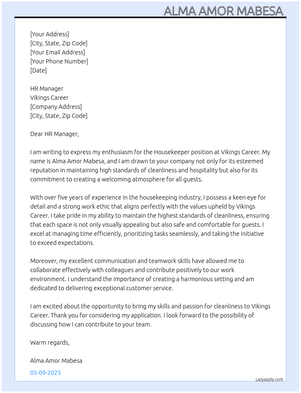 Housekeeper At Vikings Career Cover Letter