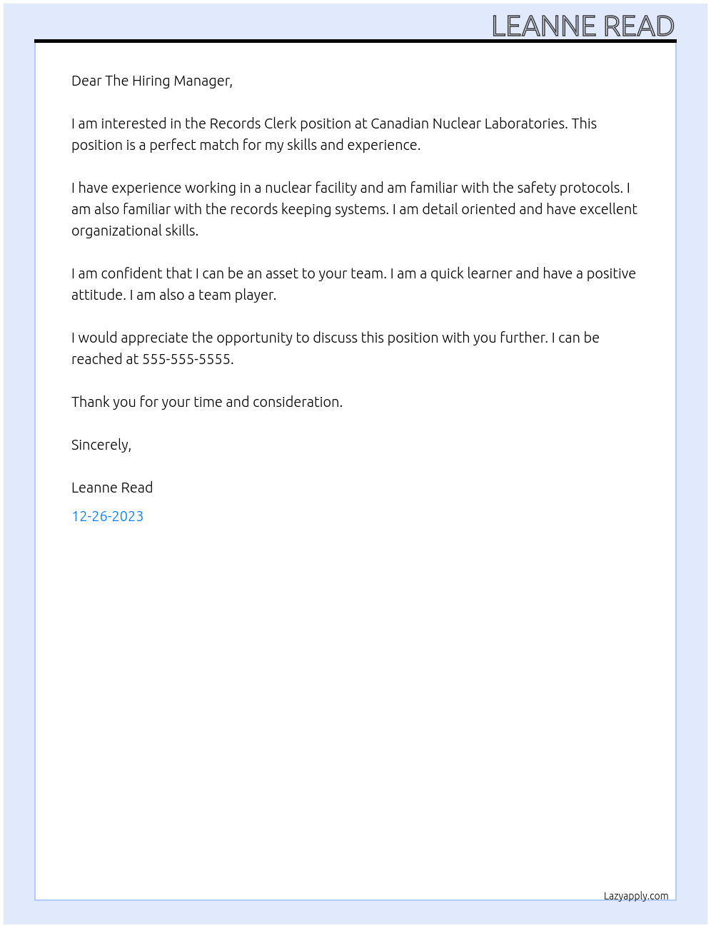 Records Clerk At Canadian Nuclear Laboratories Cover Letter