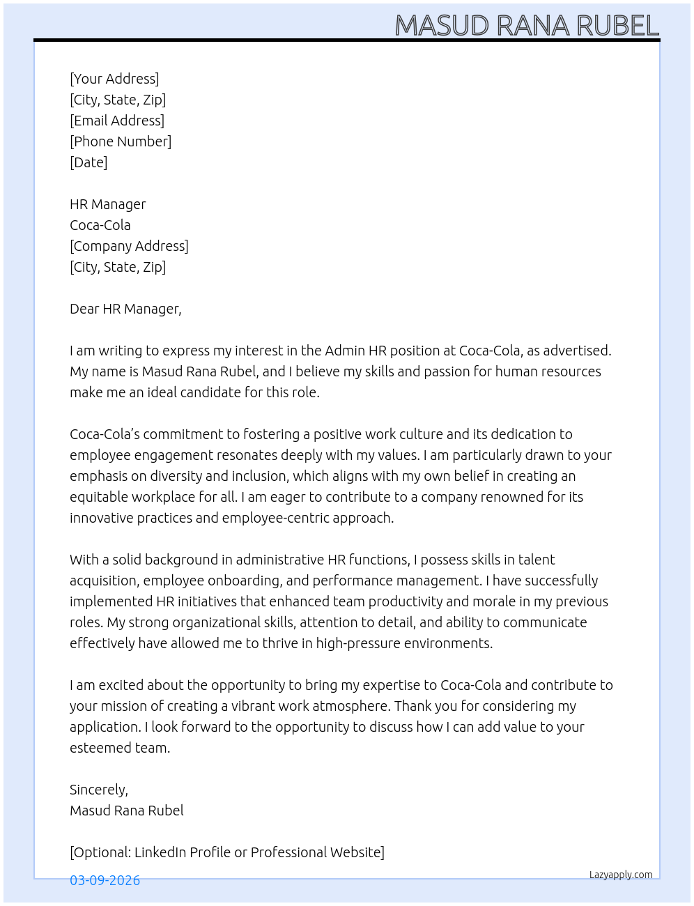 Admin HR  At COCACOLA  Cover Letter