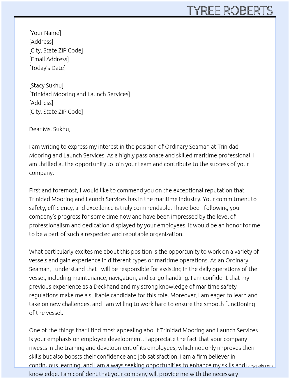 Ordinary Seaman At Trinidad Mooring and Launch Services Cover Letter