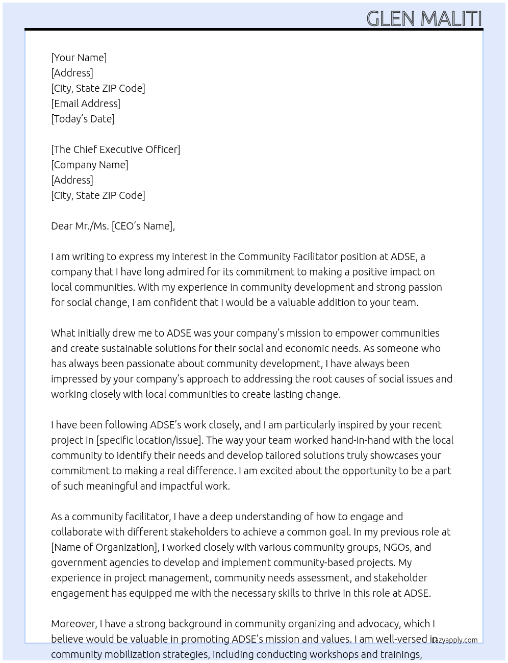 community facilitator At adse Cover Letter