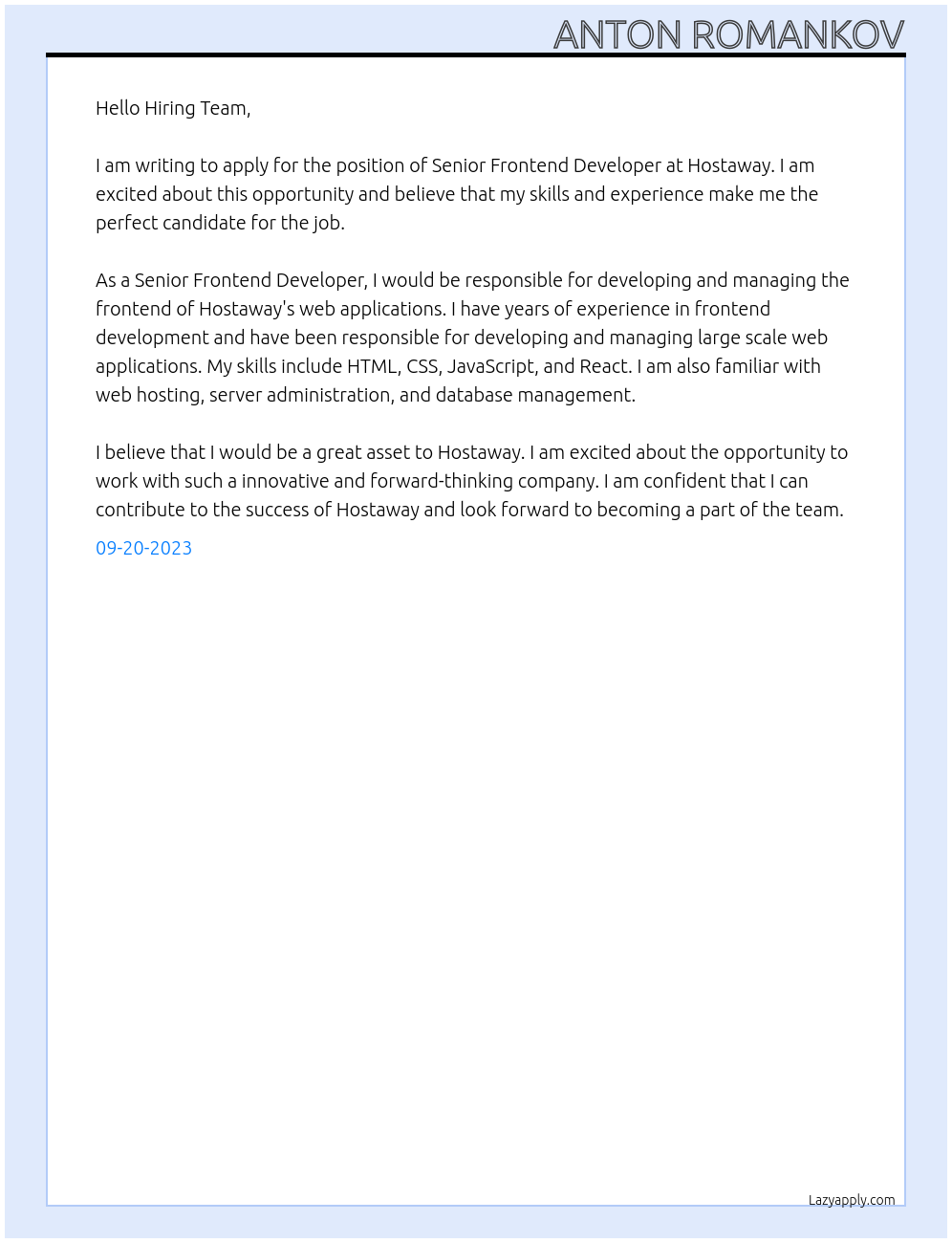 Senior Frontend Developer At Hostaway Cover Letter
