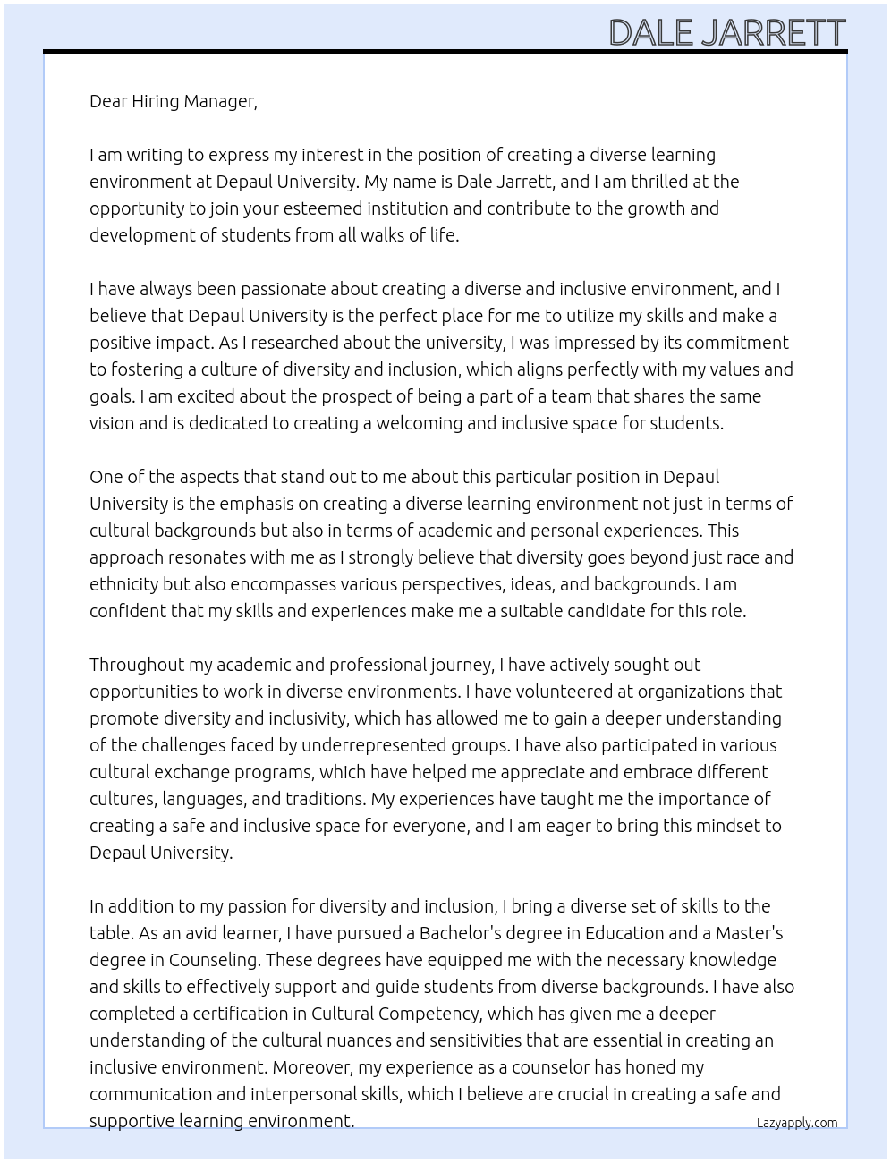 diverse learning environment At Depaul university Cover Letter