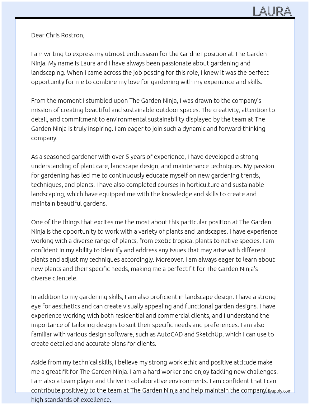 Gardner At The Garden Ninja Cover Letter