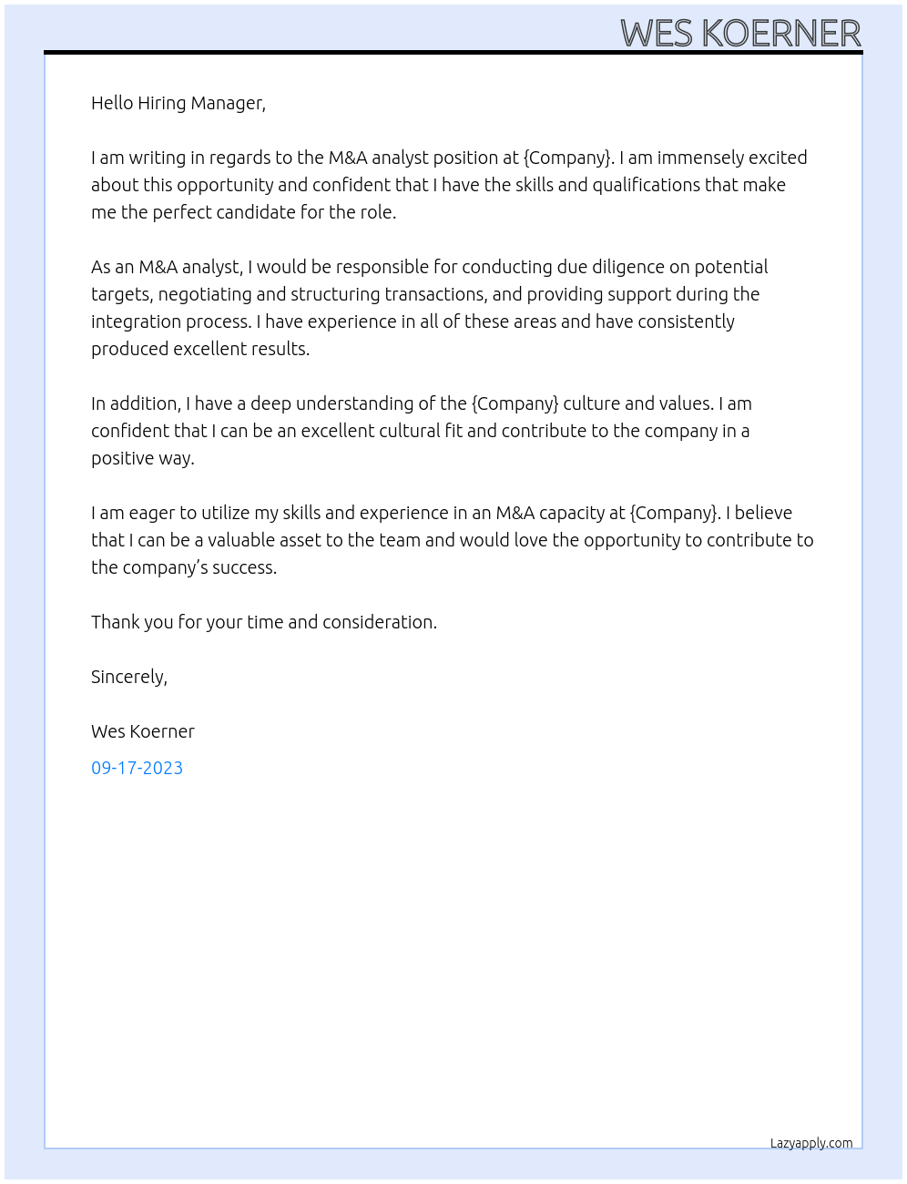 M&A analyst At {COmpany} Cover Letter