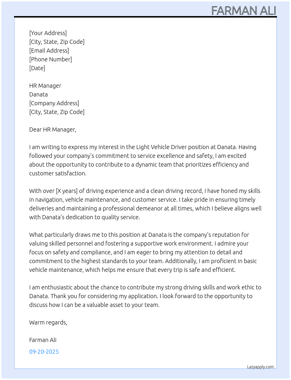 Light vehicle driver At Danata Cover Letter
