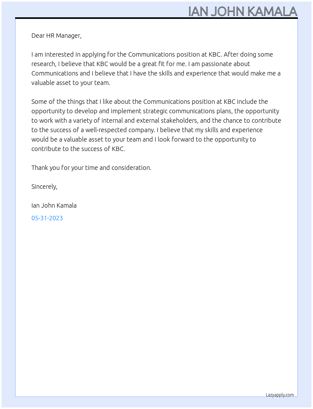 Communications At KBC Cover Letter