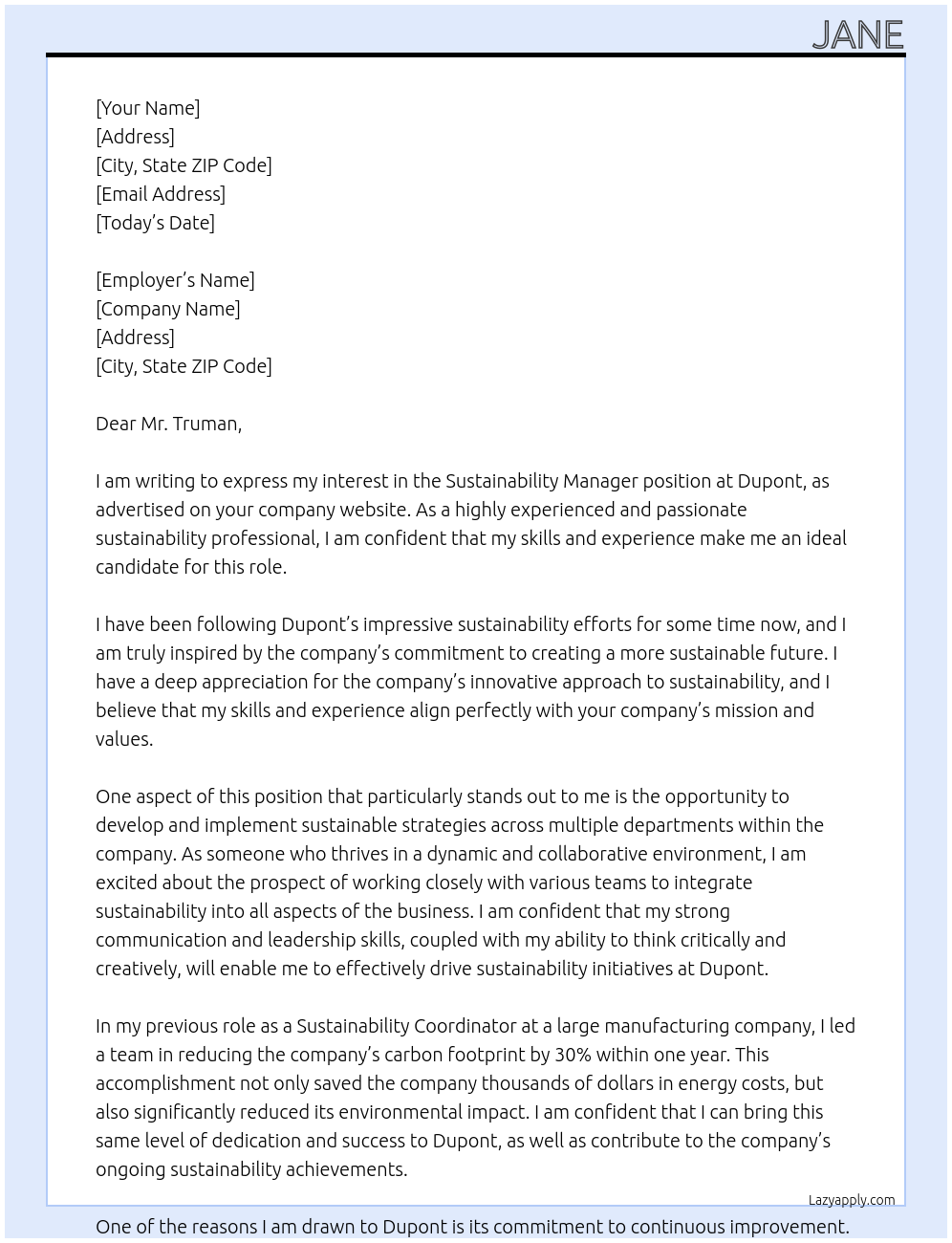 Sustainability Manager At dupont Cover Letter
