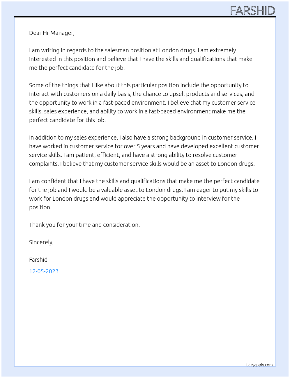 salesman At London drugs Cover Letter