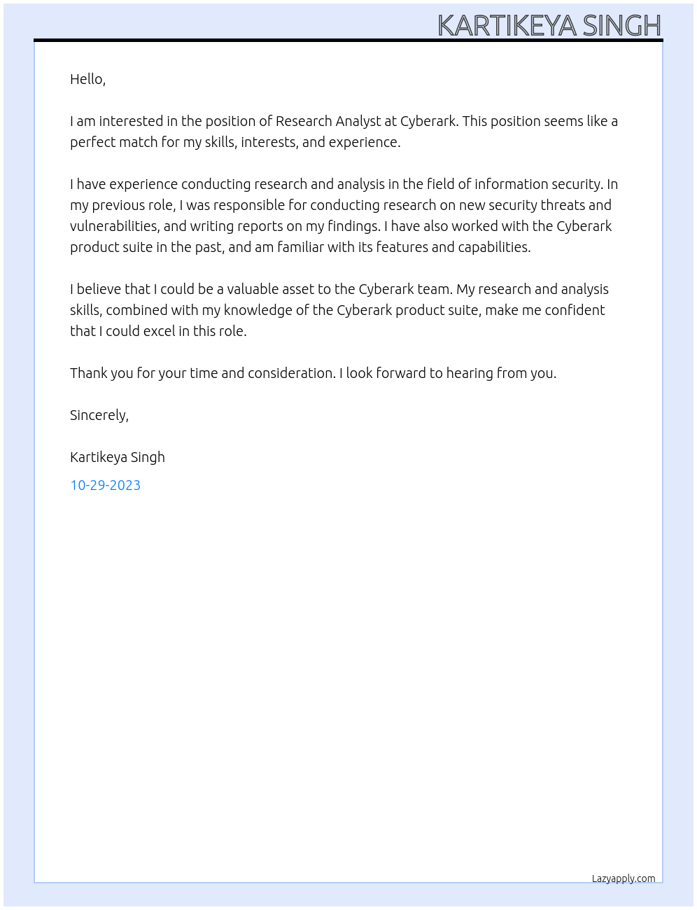 Research Analyst At Cyberark Cover Letter