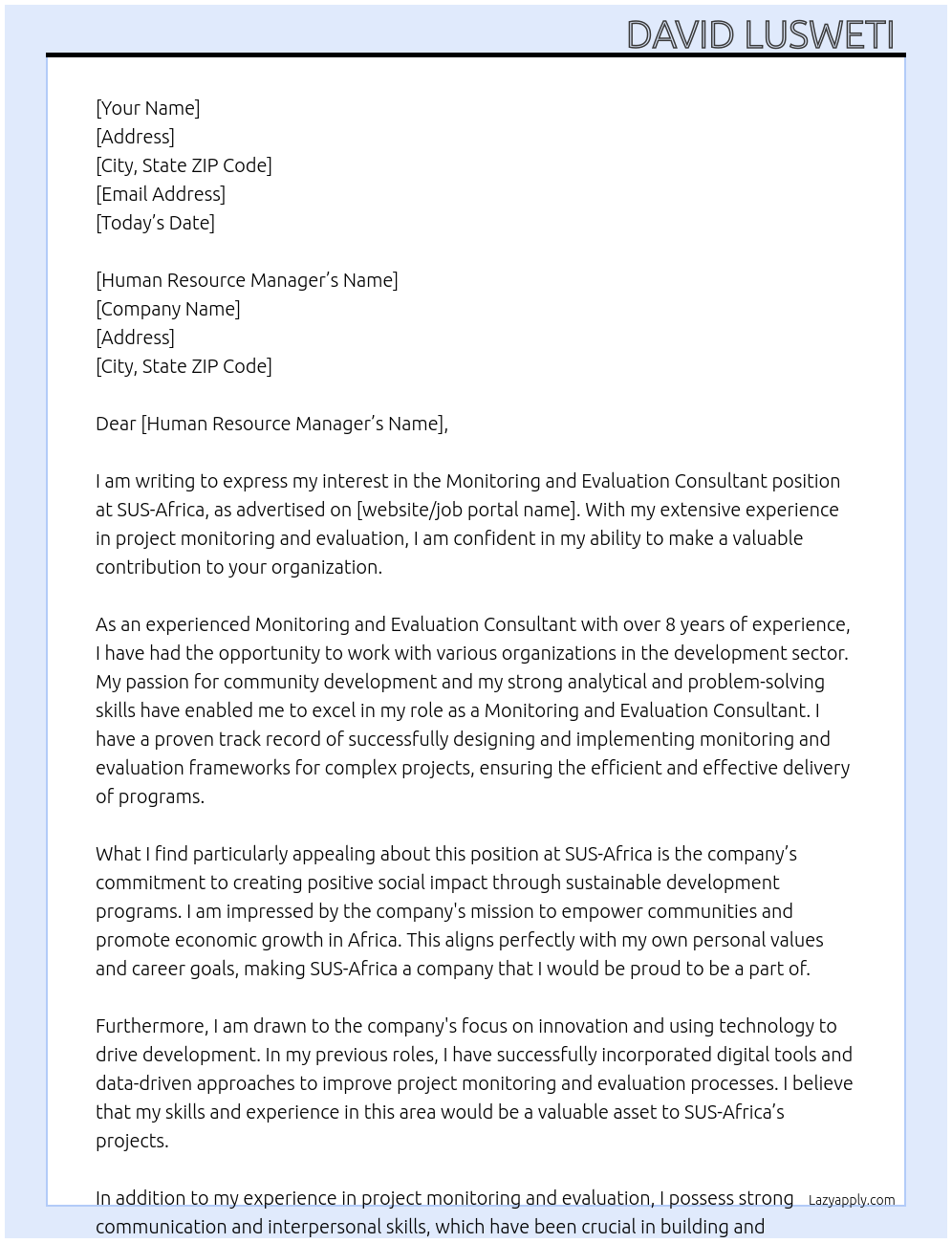 Monitoring and Evaluation Consultant At SUS-Africa Cover Letter