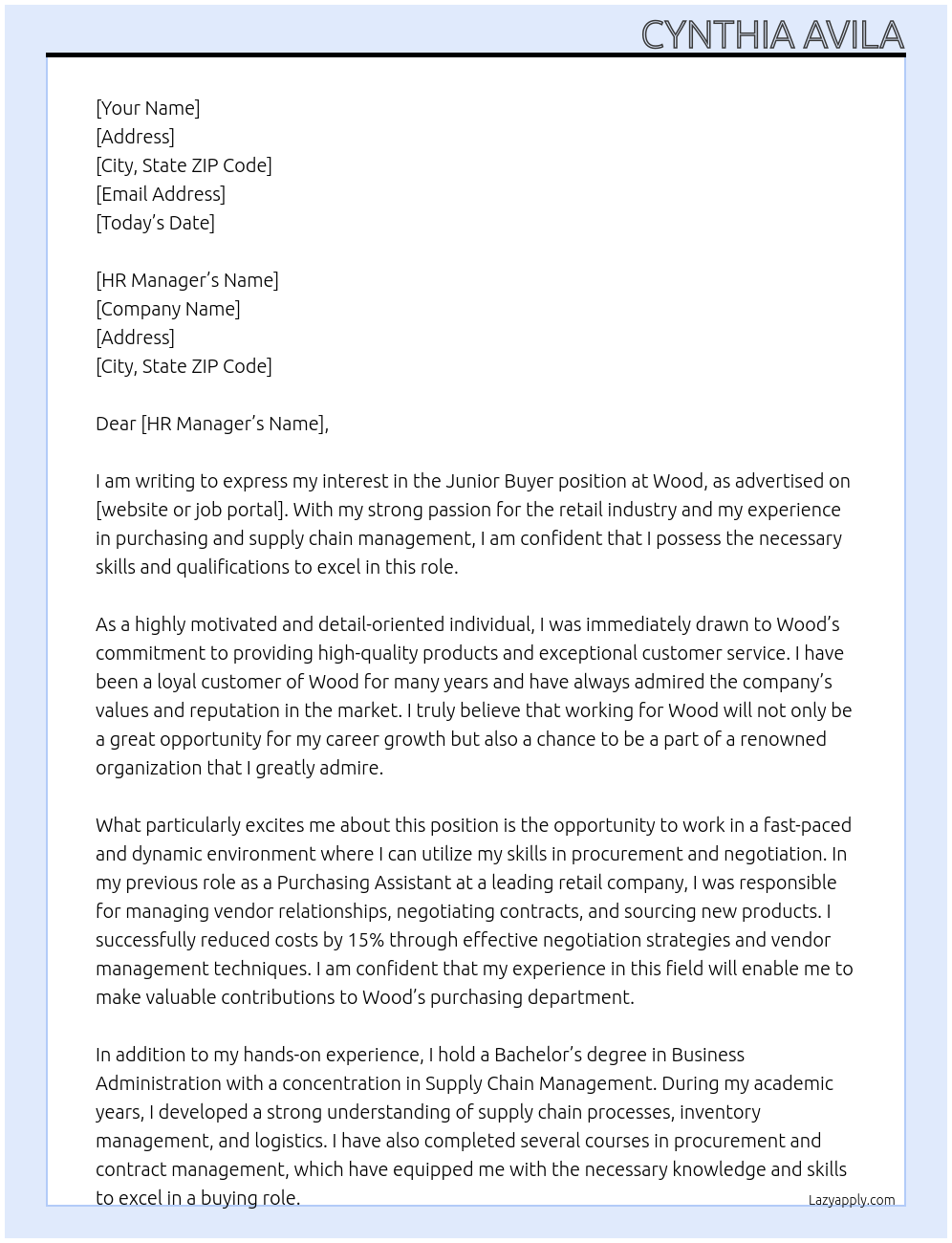 Junior Buyer At Wood Cover Letter