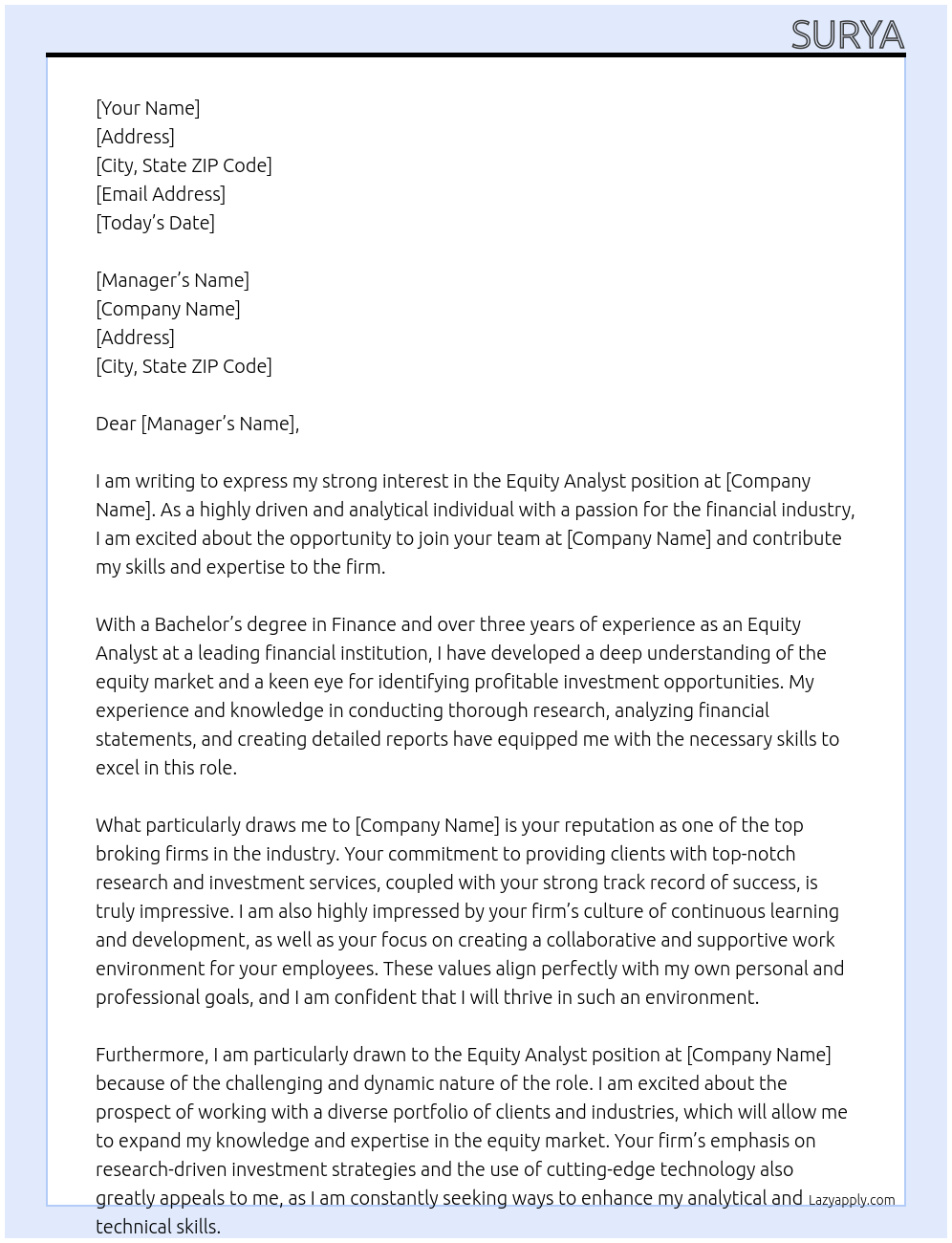 Equity analyst  At Broking firm Cover Letter