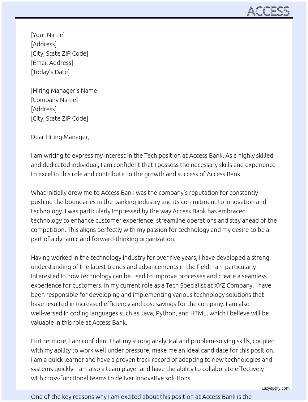 Tech  At Access Bank  Cover Letter