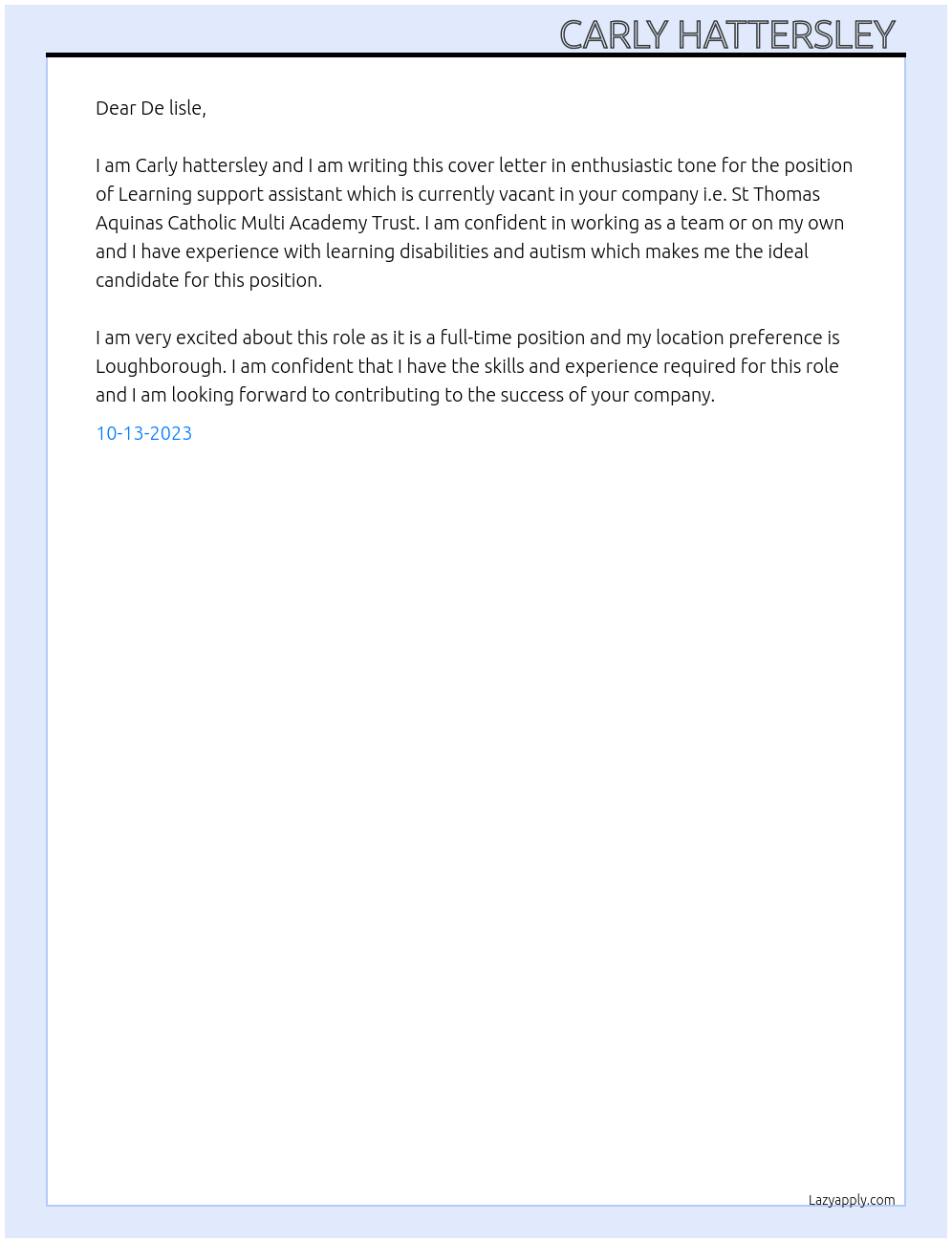 Learning support assistant At St Thomas Aquinas Catholic Multi Academy Trust Cover Letter