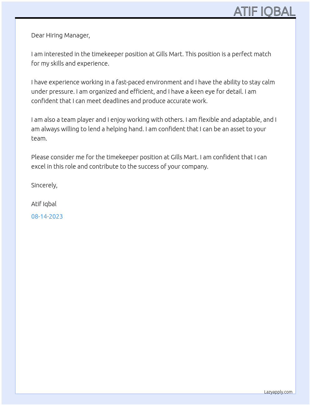 Timekeeper  At Gills Mart Cover Letter