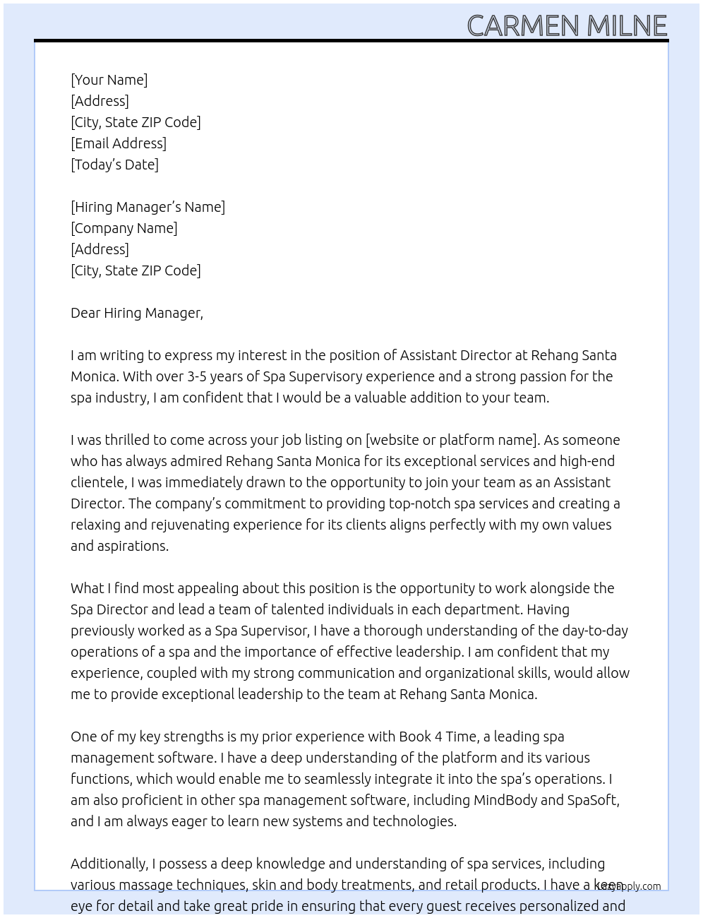 Assistant Director At Rehang Santa Monica Cover Letter