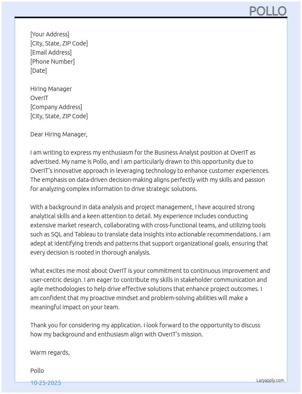 Business Analyst At OverIT Cover Letter