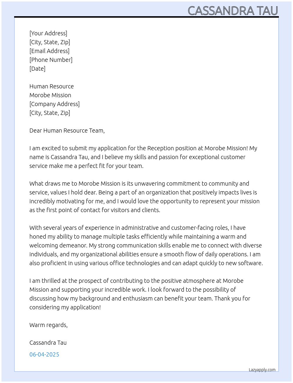 Reception At Morobe Mission Cover Letter