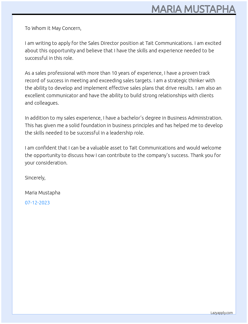 Sales Director At Tait Communications Cover Letter