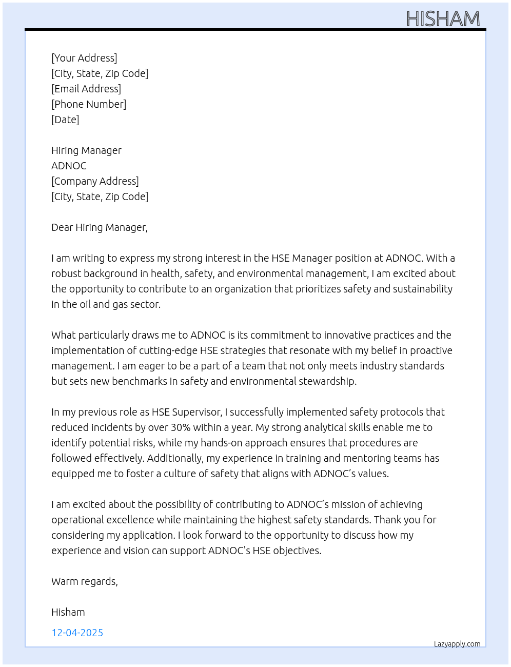 Cover letter for hse manager - LazyApply