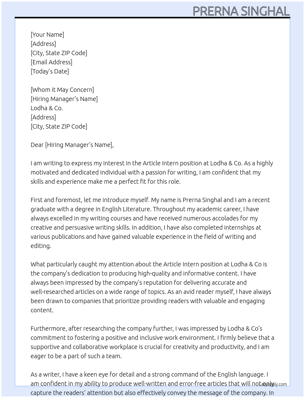 Article Intern At Lodha & co.  Cover Letter