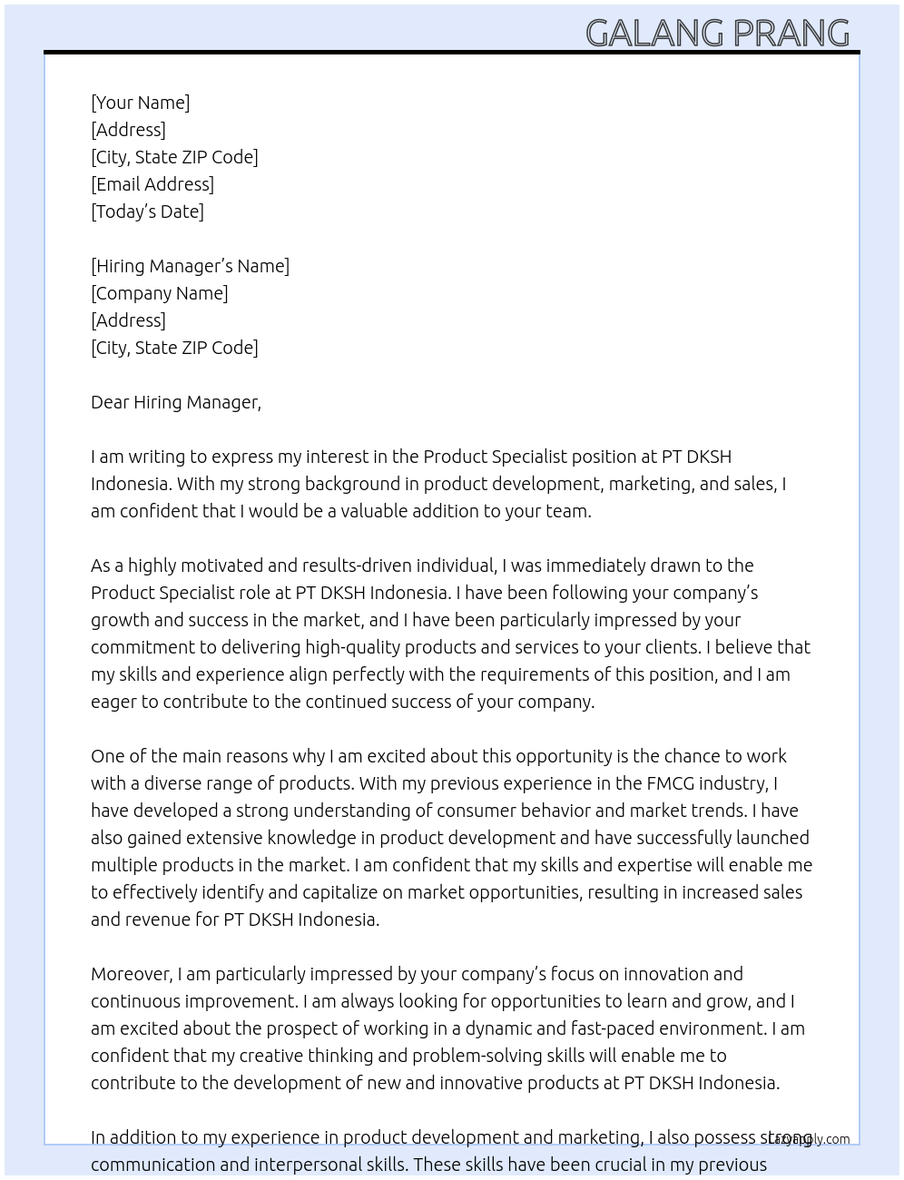 Product Specialist At PT DKSH Indonesia Cover Letter